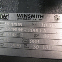 WINSMITH 924 Gearbox Ratio 40:1 1750 Input RPM Input HP 86 924MDN 924MDNS2200LFA