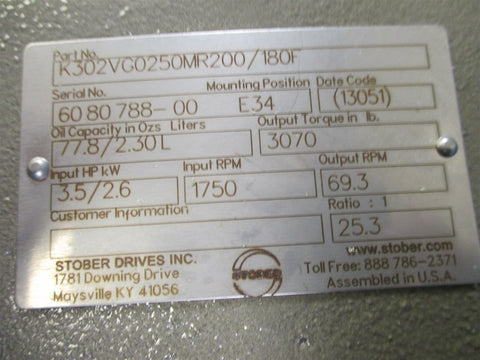 Stober K302VG0250MR200/180F Gear Reducer Ratio: 25.3:1  New