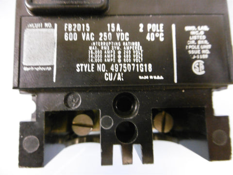 WESTINGHOUSE CIRCUIT BREAKER FB2015 4975D71G18 2 POLE 15 AMP 600 VAC - Used