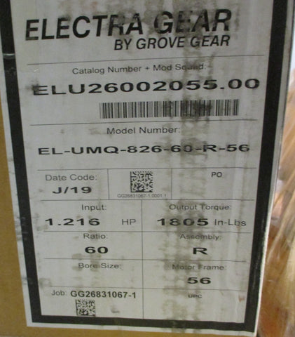 Electra Gear ELU26002055.00 Gearbox ELUMQ82660R56 60:1 Ratio 11/4" Shaft D