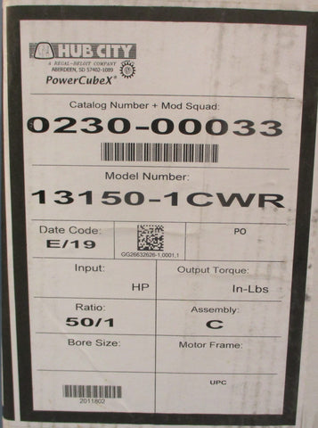 Hub City 0230-00033 Gearbox 13150-1CWR 50:1 Ratio 1/2" and 5/8" Shaft Dia NOS