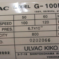 Ulvac Kiko G-100DB Rotary Vane Vacuum Pump 100/120 L/min Missing Fan Cover
