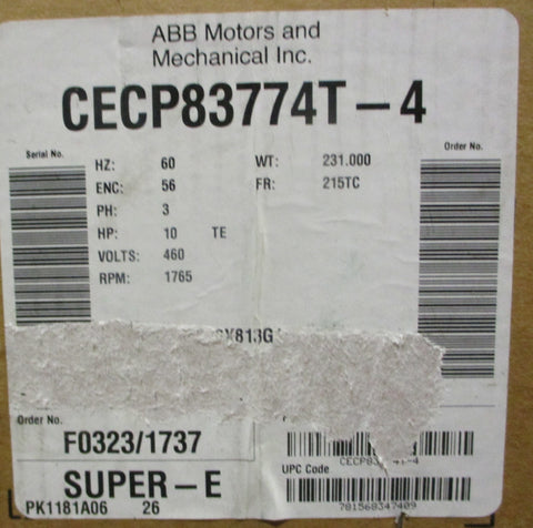 ABB Baldor CECP83774T-4 3-Phase Motor 10HP 1765RPM 460V 1-3/8" Shaft Dia