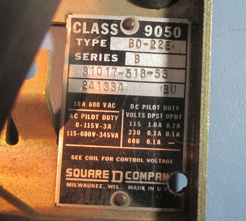 Square D Class 9050 BO-22E Series B 31017-518-53 10A 600VAC Timing Relay