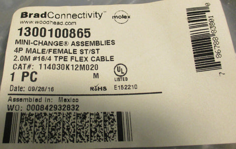 Molex 1300100865 BradConnectivity Cordset 114030K12M020 2 Meters Long Lot of 6