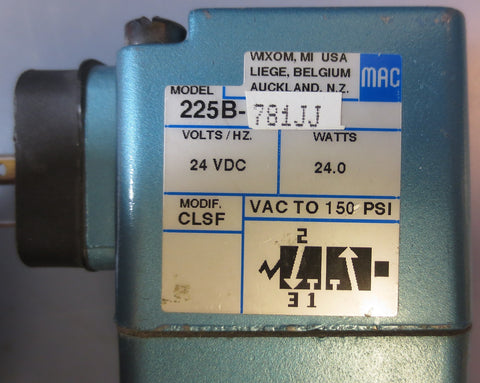 MAC Valves Solenoid Valve Model 225B-781JJ 24 VDC 24 Watts