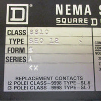 Square D 8810 SEO 12 Form S Series A NEMA Size 3 Motor Starter 120V Coil