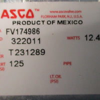 ASCO FV174986 Solenoid Valve 125PSI 12.4W 322011