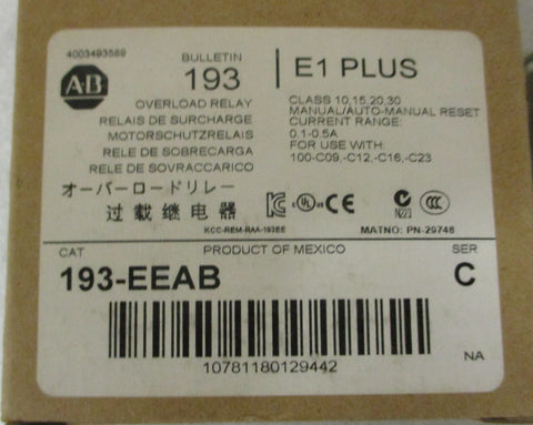 Allen Bradley 193EEAB Ser C Overload Relay Maunal/ Manual Auto Reset 0.10.5 A