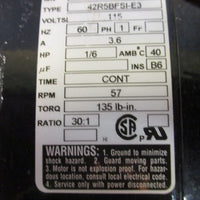 Bodine 42R5BFSI-E3 Gear Motor 1/6 HP 30:1 Ratio 115 V 135 Lb-In Torque 57 RPM
