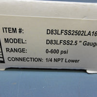 Trerice D83LFSS2.5" D83LFSS2502LA160 Pressure Gauge 0-600 Psi