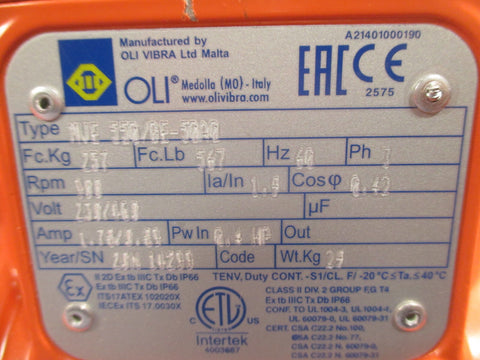 OLI Standard Electric Vibrator, Rotary Motor 3 PH 60HZ 230/460V MVE550/8E50A0