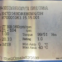 NOS Sew Eurodrive S47D16BDRE80M4/DH Gearmotor 3001800RPM 1HP 230/460V 20.33:1