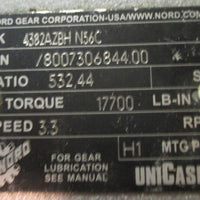 Nord Gear 4382AZBH N56C UniCase Speed Reducer 532.44 : 1 Ratio, 17700 LBIN Used