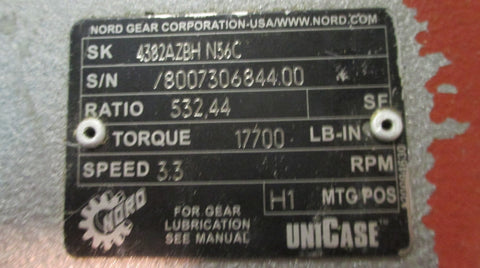 Nord Gear 4382AZBH N56C UniCase Speed Reducer 532.44 : 1 Ratio, 17700 LBIN Used