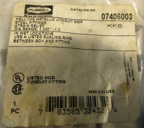 Hubbel 07406003 Kellems Metallic Conduit Grip Strain Relief  Lot of 2