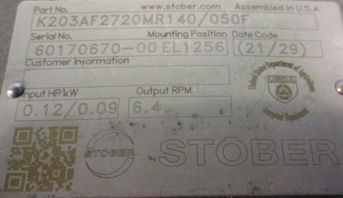 Stober K203AF2720MR140/050F Gear Reducer 6.4 RPM Out, 0.12 HP 0.9 kW Input