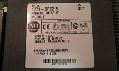 Allen Bradley 1771OFE2 B Rev. Q01 Analog Output Module Series B Used