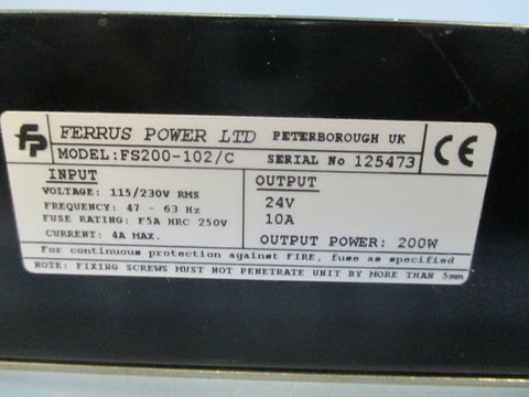 Ferrus Power LTD Power Supply 115/230V In  24 V, 10 Amps Out Model: FS200102/C