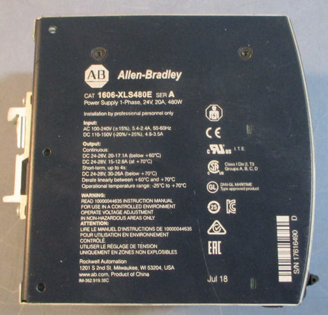 Allen Bradley 1606-XLS480E Ser A Power Supply 1Ph 24V 20A 480W