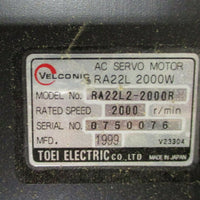 TOEI Electric Velconic RA22L2-2000R AC Servo Motor 2000 RPM, 2000W RA22L New