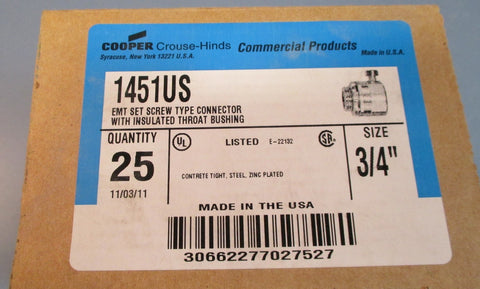 25 Crouse Hinds 1451US EMT Set Screw Type Connector 3/4" Zinc Plated Steel NIB