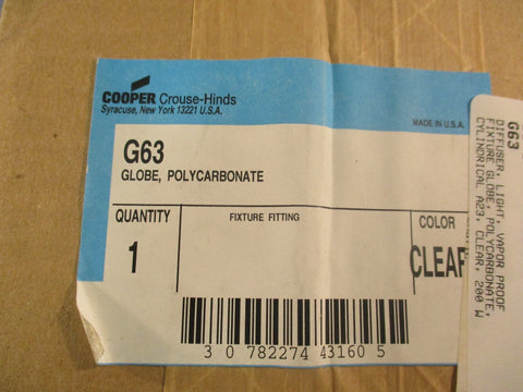 Cooper CrouseHinds G63 Polycarbonate Globe 200W Clear 8" Length