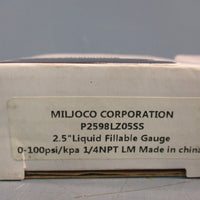 Lot of (2) Miljoco 2.5" Liquid Fillable Gauge P2598LZ05SS 0100psi/kpa 1/4NPT LM