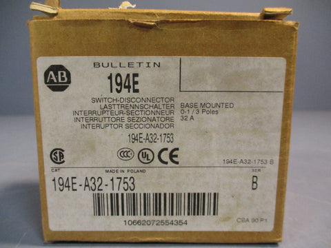 ALLEN BRADLEY 194E-A32-1753 DISCONNECT SWITCH, SERIES B, 32A, 3 POLES BASE MOUNT