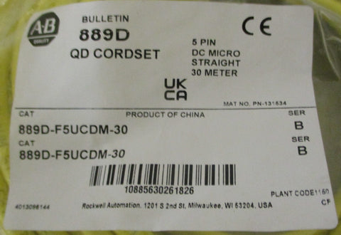 Allen Bradley 889D-F5UCDM-30 Ser B QD Cordset DC Straight Micro Cable 5-Pin 30 m