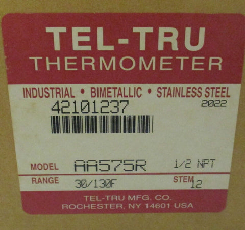 Tel-Tru Thermometer AA575R Analog dial Thermometer Stem 12 "