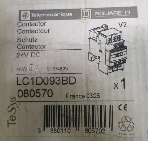 Schneider Electric LC1D093BD Contactor 24VDC 400KW/400V, 5HP/480V