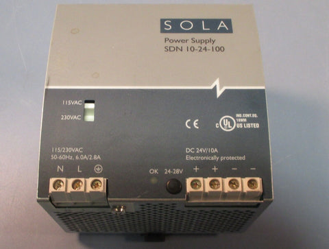 Sola SDN 10-24-100 Power Supply 115/230 VAC, 50-60Hz, 6.0A/2.8A Used