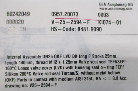 GEA Aseptomag AG 0957.20073 Bellows Valve V252594F 144mm L, 25mm Stroke