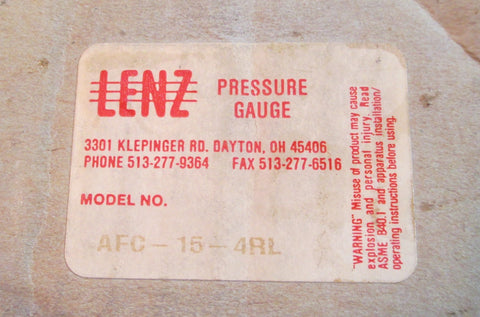 Lenz AFC154RL Pressure Gauge 3.5" Face 015 PSI 1/2" Threaded Connection Used