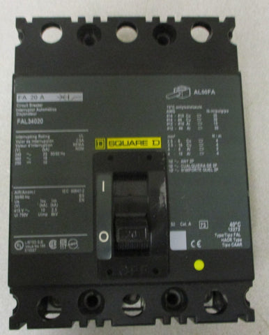 Square D FAL34020 Circuit Breaker 20 Amp 3Pole AL50FA 240/480VAC