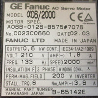 Fanuc A06B0126B575#7076 AC Servo Motor aC6/2000 0.6 kW, 210 Volt Motor
