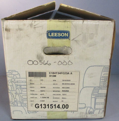 Leeson G131514.00 Electric Motor C184T34FC23AA 5/3HP 3.7/2.224KW 123/64" Shaft