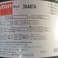 Dayton 3XA87A AC Gearmotor 1/4HP 115/230V 5:1 Ratio 330/276RPM 5/8" Shaft Dia