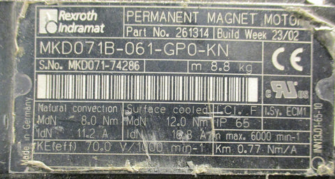 Rexroth MKD071B-061-GP0-KN Servo Motor Permanent Magnet Motor 3/4" Shaft Dia