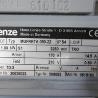 Lenze Motor MGFRKTA 090-22 A2E 170 2.54hp 220-240v 50/60HZ TD-3
