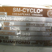 SUMITOMO SMCYCLO SPEED REDUCER GEARBOX RATIO 29:1 RPM 1750 CNHXS6100Y29