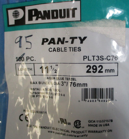 Panduit Cable Ties PLT3S-C76 Aqua Blue Tefzel 11-1/2" Long (Bag of 95) Pan-Ty