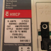 Westinghouse HMCP015E0C 15A Motor Circuit Protector Breaker w/ Aux Switch Used