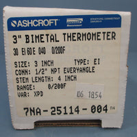 Ashcroft 3" Bimetal Thermometer: 7NA25114004 *NEW*