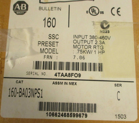 Allen Bradley 160-BA03NPS1 Ser C Speed Controller 0.75KW 1HP 380-460V