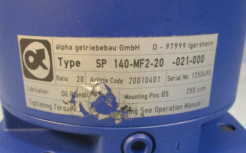 Alpha SP 140MF220021000 Inline Gear Speed Reducer Head 20:1 Ratio NWOB