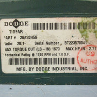 Dodge Tigear 26A20H56 Right Angle Gear Reducer 20:1 Ratio 1673LB-IN 2.71HP