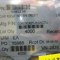 Kemet C0603C821J5GACTU Ceramic Capacitor 0603 820pF 50V reel of 3757 pcs