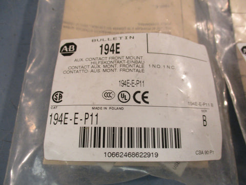 LOT OF 2 ALLEN BRADLEY 194E 194E-E-P11 SER B AUX CONTACT FRONT MOUNT 600VAC 10A